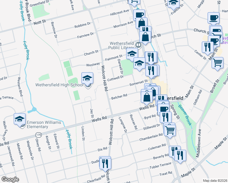 map of restaurants, bars, coffee shops, grocery stores, and more near 8 Somerset Street in Wethersfield