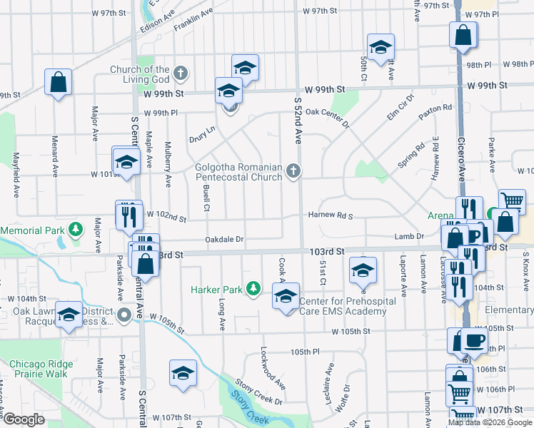 map of restaurants, bars, coffee shops, grocery stores, and more near 10140 Cook Avenue in Oak Lawn