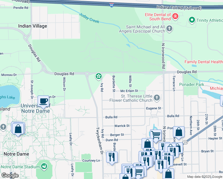 map of restaurants, bars, coffee shops, grocery stores, and more near 54115 Burdette Street in South Bend