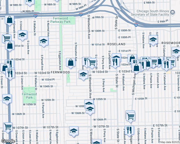 map of restaurants, bars, coffee shops, grocery stores, and more near South Wentworth Avenue & West 103rd Street in Chicago