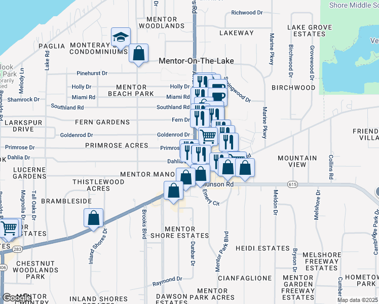 map of restaurants, bars, coffee shops, grocery stores, and more near 6042 Andrews Road in Mentor-on-the-Lake