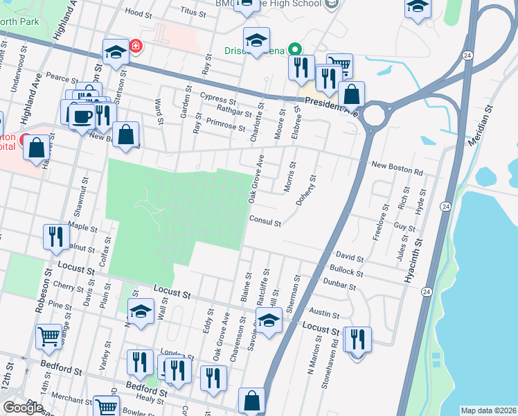 map of restaurants, bars, coffee shops, grocery stores, and more near 697 Oak Grove Avenue in Fall River