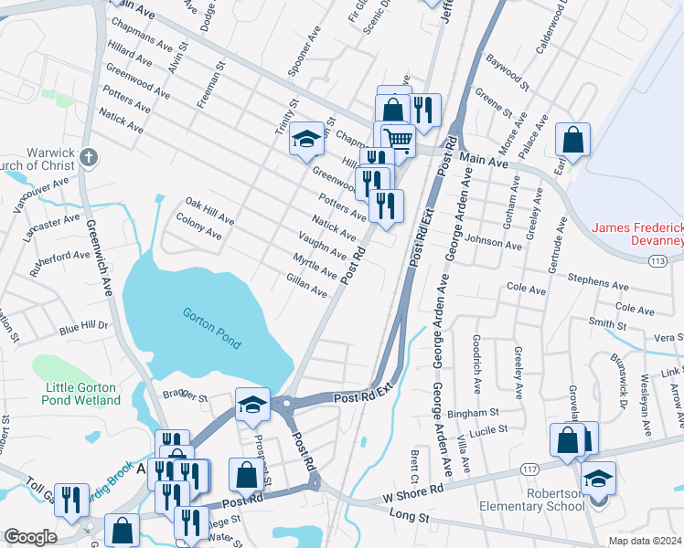 map of restaurants, bars, coffee shops, grocery stores, and more near 2845 Post Road in Warwick