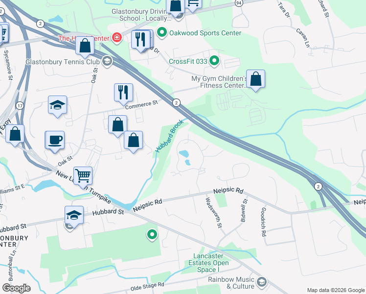 map of restaurants, bars, coffee shops, grocery stores, and more near 314 Georgetown Drive in Glastonbury