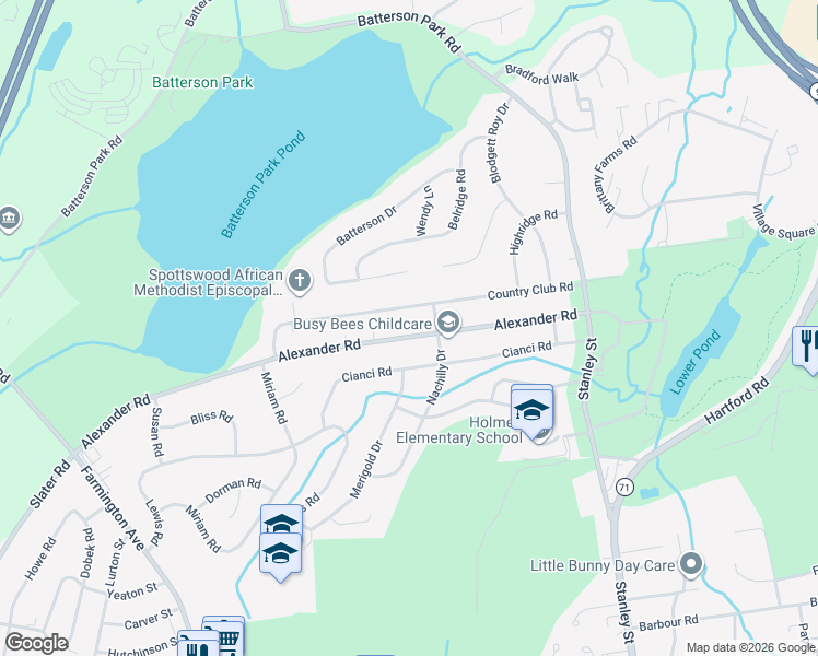map of restaurants, bars, coffee shops, grocery stores, and more near 196 Country Club Road in New Britain