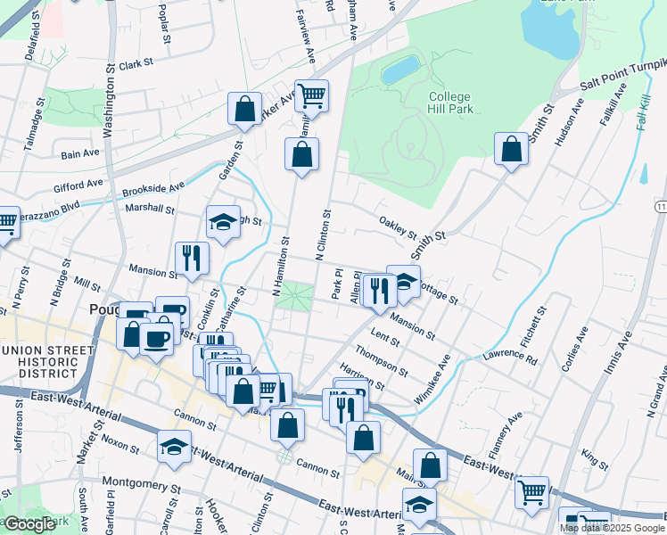 map of restaurants, bars, coffee shops, grocery stores, and more near 36 Cottage Street in Poughkeepsie