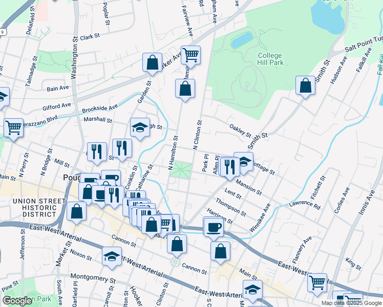 map of restaurants, bars, coffee shops, grocery stores, and more near 30 Cottage Street in Poughkeepsie