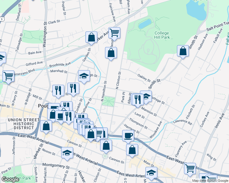 map of restaurants, bars, coffee shops, grocery stores, and more near 30 Cottage Street in Poughkeepsie