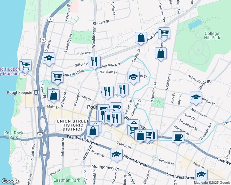 map of restaurants, bars, coffee shops, grocery stores, and more near 92 Garden Street in Poughkeepsie