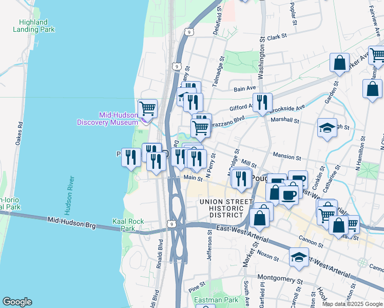 map of restaurants, bars, coffee shops, grocery stores, and more near 40 North Clover Street in Poughkeepsie