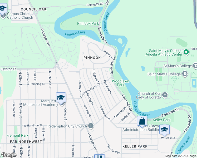 map of restaurants, bars, coffee shops, grocery stores, and more near 2229 Parkview Place in South Bend