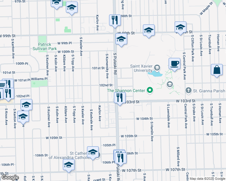 map of restaurants, bars, coffee shops, grocery stores, and more near 10200 South Pulaski Road in Oak Lawn