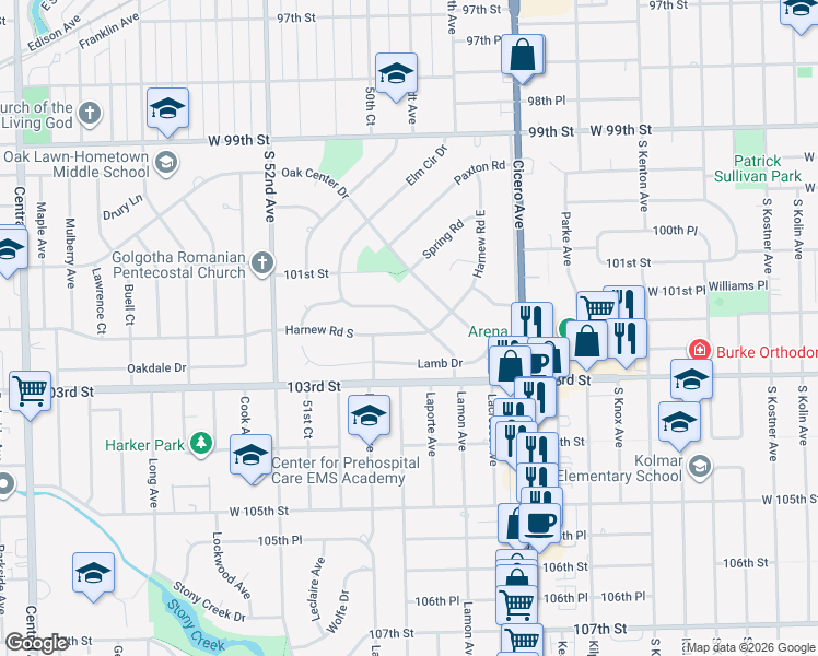 map of restaurants, bars, coffee shops, grocery stores, and more near 4959 Wick Drive in Oak Lawn