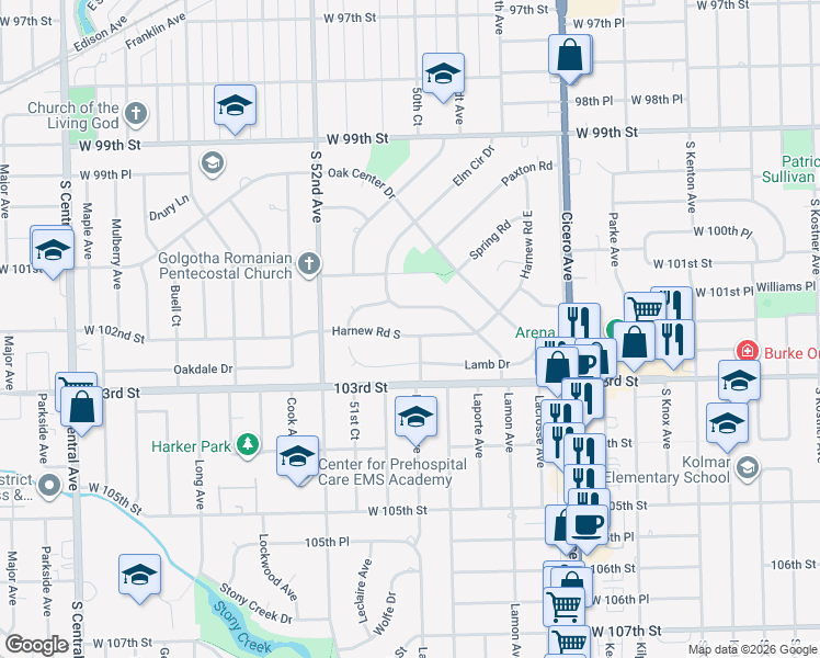 map of restaurants, bars, coffee shops, grocery stores, and more near 5039 Wick Drive in Oak Lawn