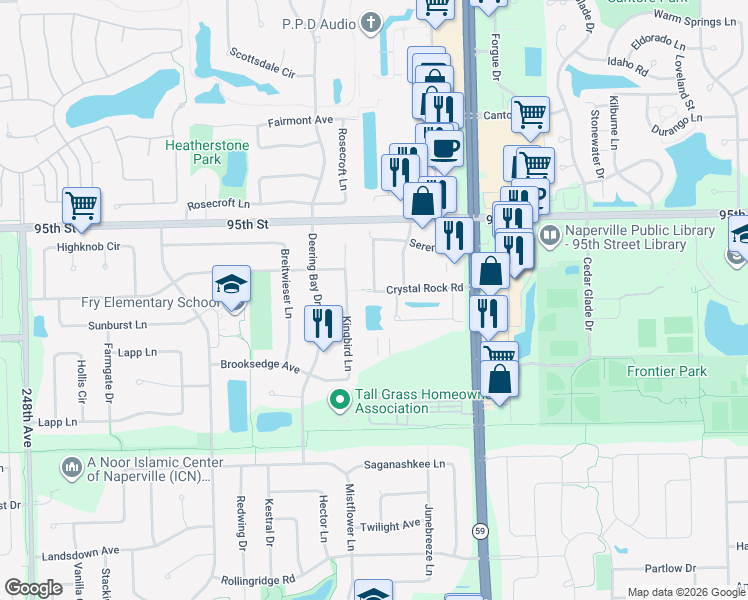 map of restaurants, bars, coffee shops, grocery stores, and more near 3093 Serenity Lane in Naperville