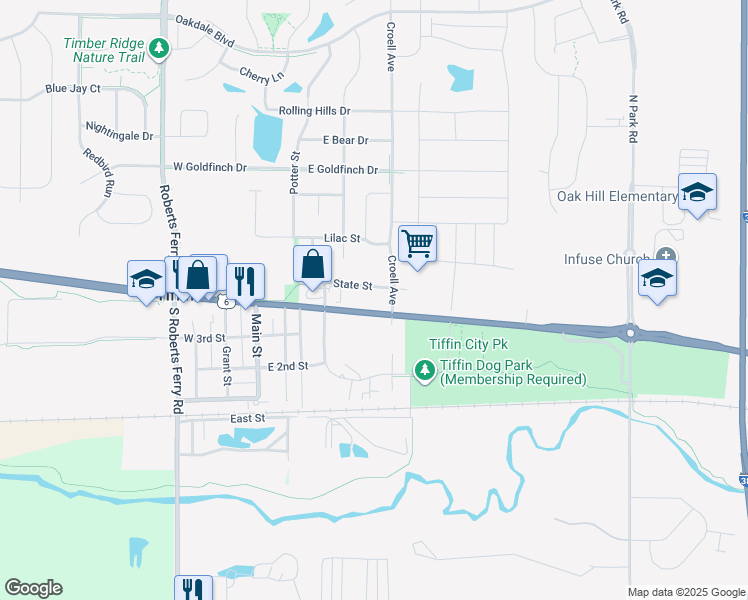map of restaurants, bars, coffee shops, grocery stores, and more near 590 State Street in Tiffin