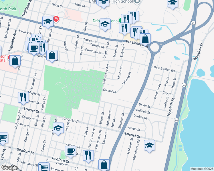map of restaurants, bars, coffee shops, grocery stores, and more near 697 Oak Grove Avenue in Fall River