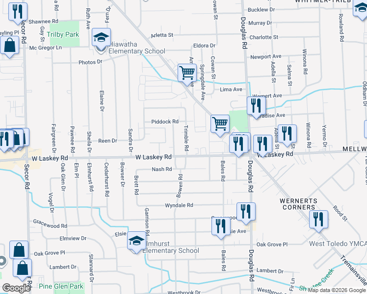 map of restaurants, bars, coffee shops, grocery stores, and more near 5017 Trimble Road in Toledo