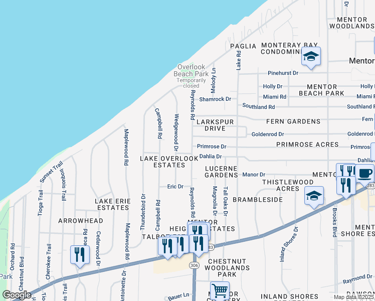 map of restaurants, bars, coffee shops, grocery stores, and more near 6024 Reynolds Road in Mentor-on-the-Lake