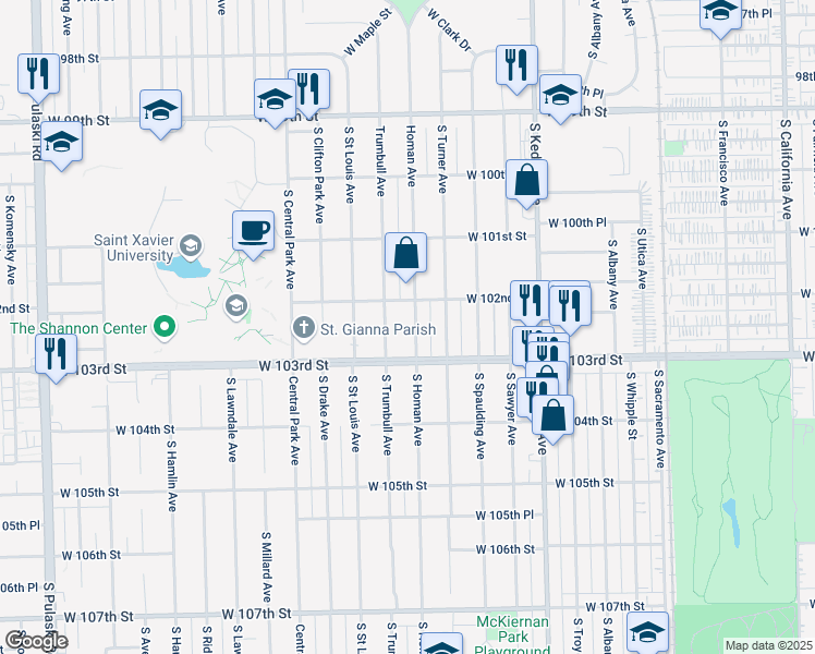 map of restaurants, bars, coffee shops, grocery stores, and more near 10210 South Homan Avenue in Evergreen Park
