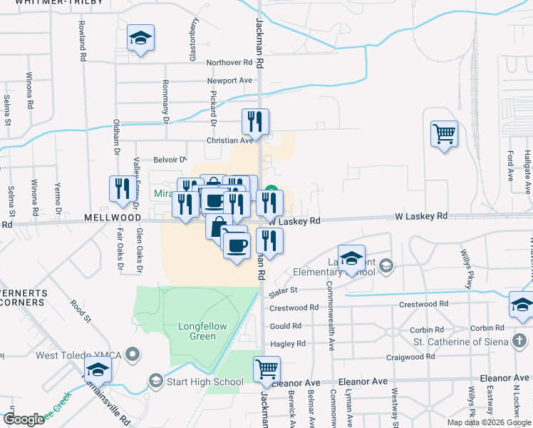 map of restaurants, bars, coffee shops, grocery stores, and more near 1660 West Laskey Road in Toledo