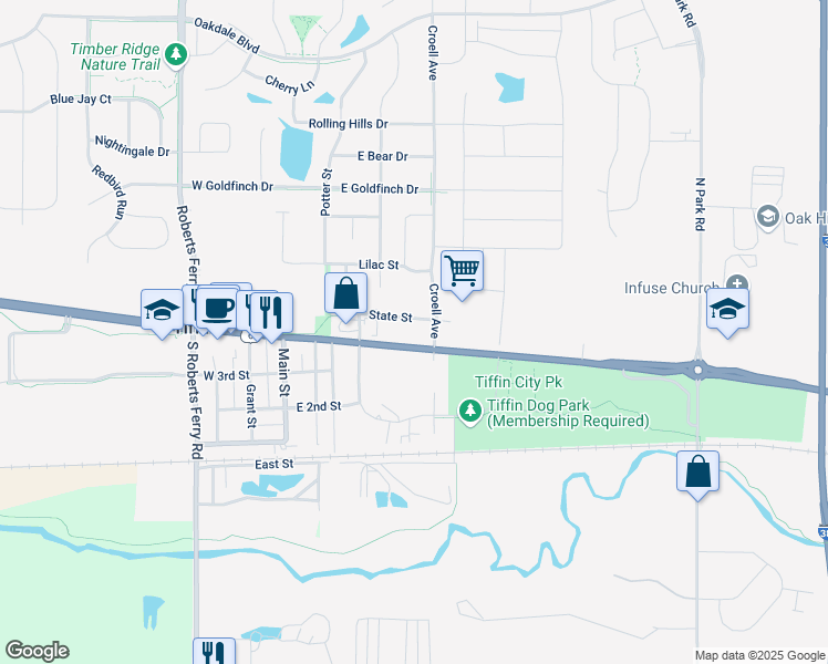 map of restaurants, bars, coffee shops, grocery stores, and more near 590 State Street in Tiffin