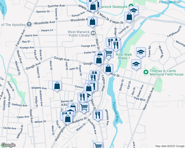 map of restaurants, bars, coffee shops, grocery stores, and more near 31 Gardner Avenue in West Warwick
