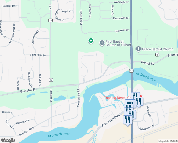 map of restaurants, bars, coffee shops, grocery stores, and more near 54180 Stonebridge Drive in Elkhart