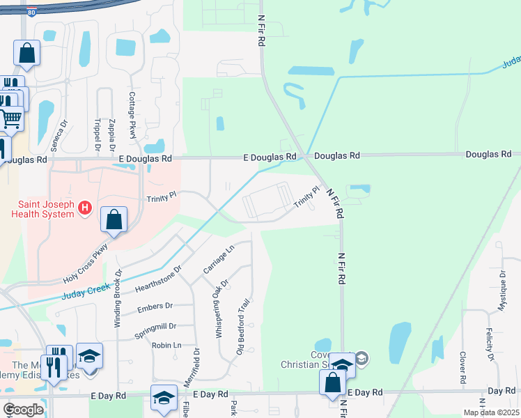 map of restaurants, bars, coffee shops, grocery stores, and more near 1540 Trinity Place in Mishawaka