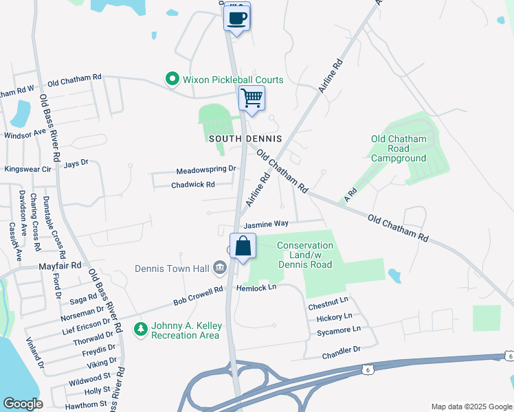 map of restaurants, bars, coffee shops, grocery stores, and more near 34 Airline Road in Dennis