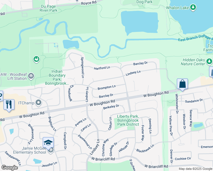 map of restaurants, bars, coffee shops, grocery stores, and more near 796 Brompton Lane in Bolingbrook