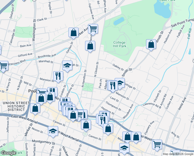 map of restaurants, bars, coffee shops, grocery stores, and more near 36 Cottage Street in Poughkeepsie