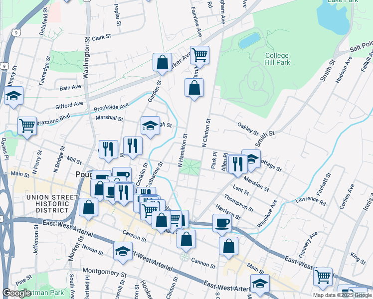 map of restaurants, bars, coffee shops, grocery stores, and more near 82 North Hamilton Street in Poughkeepsie