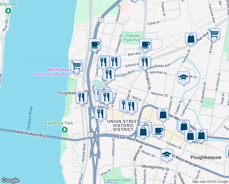 map of restaurants, bars, coffee shops, grocery stores, and more near 167 Mill Street in Poughkeepsie