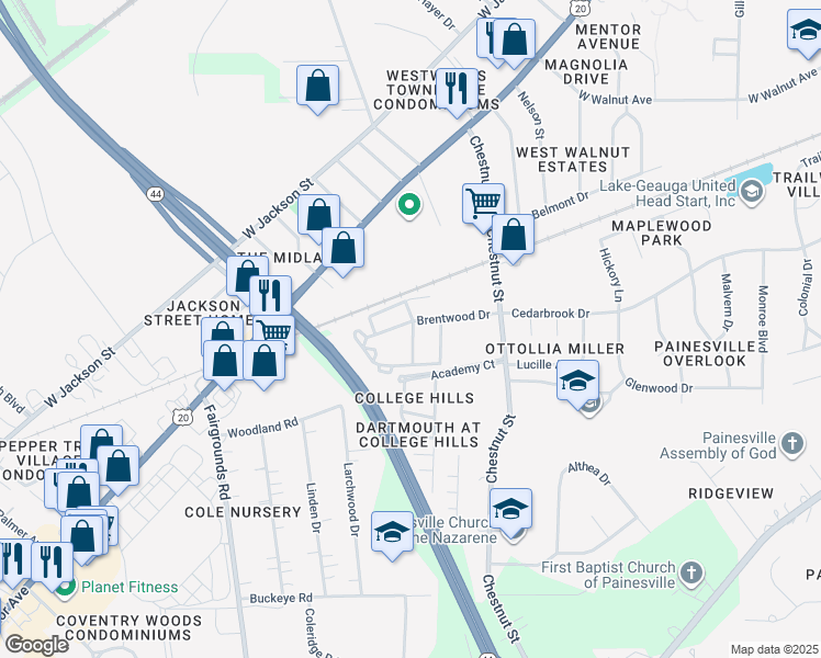 map of restaurants, bars, coffee shops, grocery stores, and more near 227 Brentwood Drive in Painesville