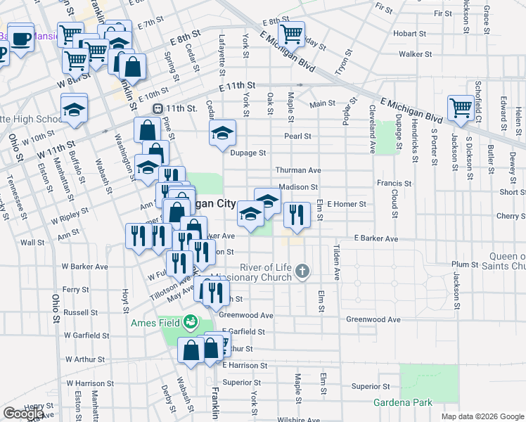 map of restaurants, bars, coffee shops, grocery stores, and more near 401-499 East Homer Street in Michigan City