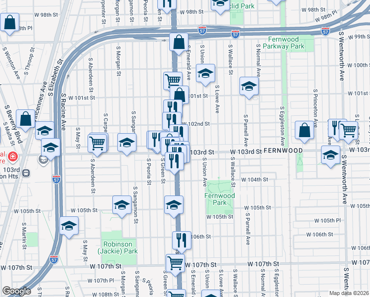 map of restaurants, bars, coffee shops, grocery stores, and more near 10242 South Emerald Avenue in Chicago
