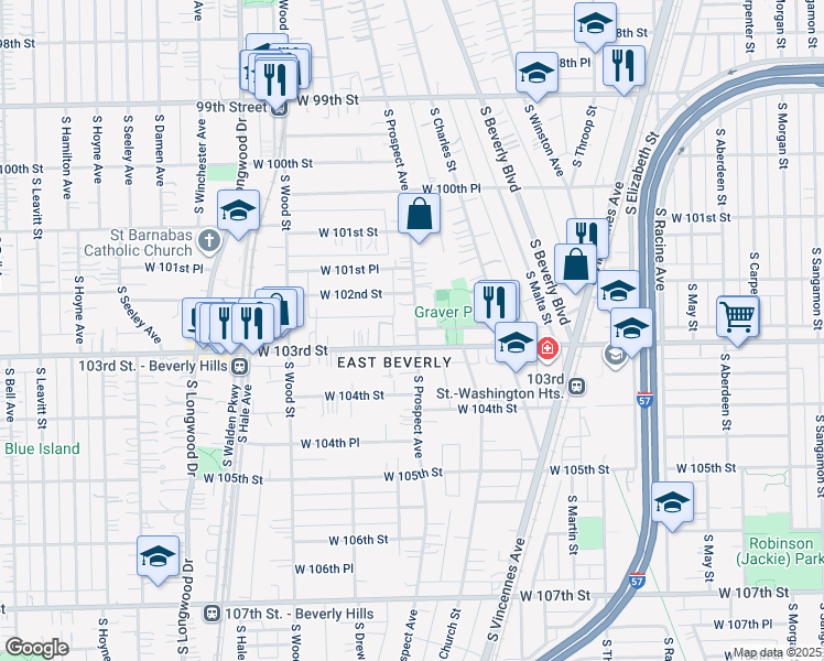 map of restaurants, bars, coffee shops, grocery stores, and more near 10218 South Prospect Avenue in Chicago