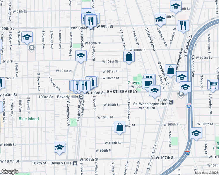 map of restaurants, bars, coffee shops, grocery stores, and more near 1657 West 102nd Street in Chicago