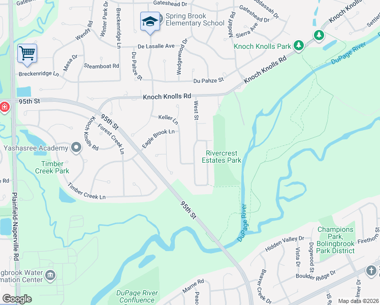 map of restaurants, bars, coffee shops, grocery stores, and more near 11S048 West Street in Naperville