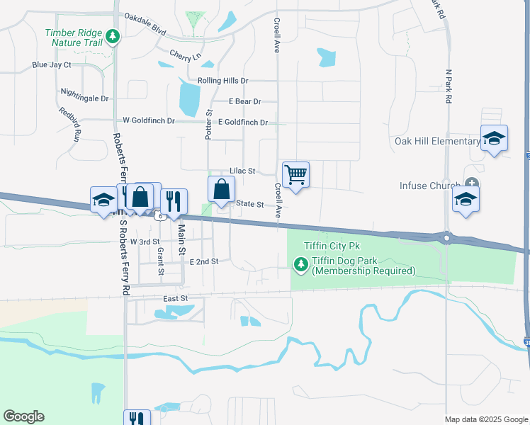 map of restaurants, bars, coffee shops, grocery stores, and more near 590 State Street in Tiffin