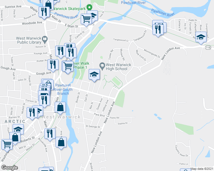 map of restaurants, bars, coffee shops, grocery stores, and more near 100 Factory Street in West Warwick