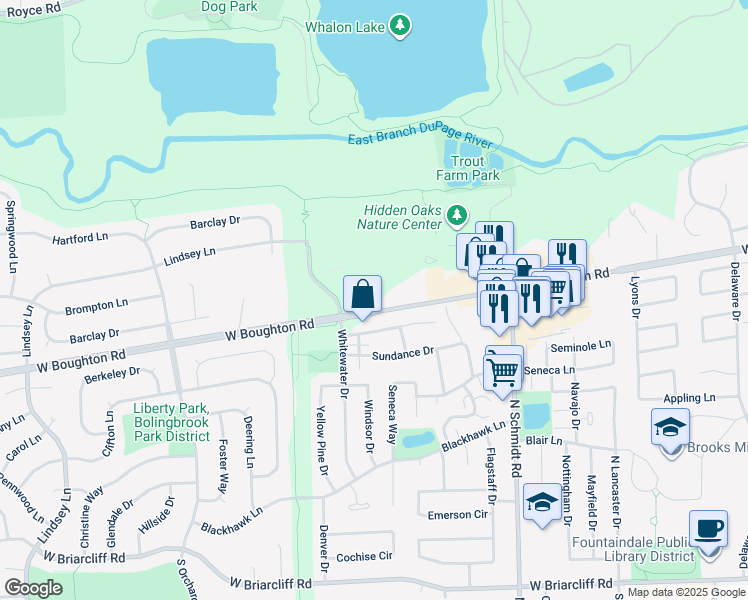 map of restaurants, bars, coffee shops, grocery stores, and more near 576 West Boughton Road in Bolingbrook