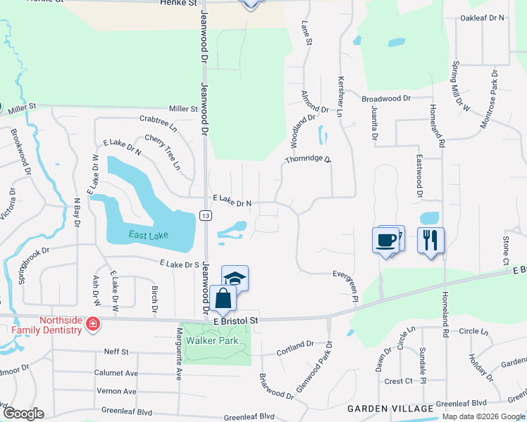 map of restaurants, bars, coffee shops, grocery stores, and more near 1711 Woodfield Court in Elkhart