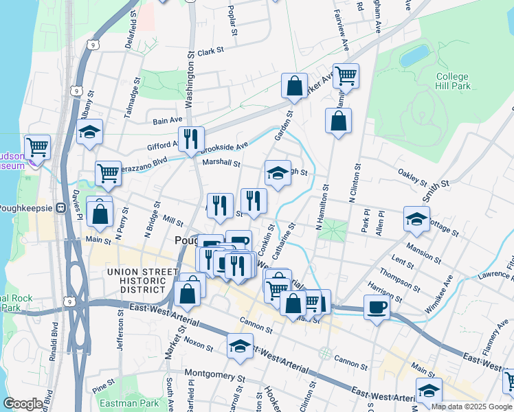 map of restaurants, bars, coffee shops, grocery stores, and more near 83 Garden Street in Poughkeepsie