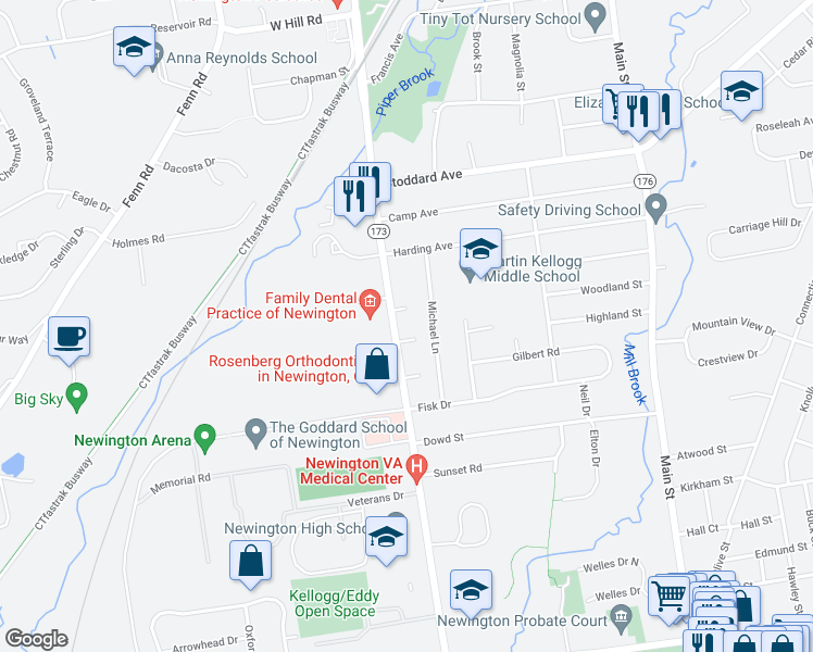 map of restaurants, bars, coffee shops, grocery stores, and more near 420 Willard Avenue in Newington