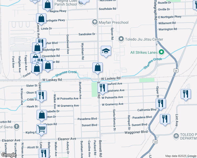 map of restaurants, bars, coffee shops, grocery stores, and more near W Laskey Rd & Bennett Rd in Toledo