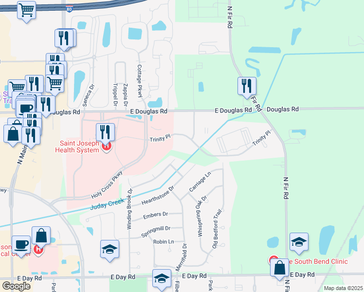 map of restaurants, bars, coffee shops, grocery stores, and more near 1215 Trinity Place in Mishawaka