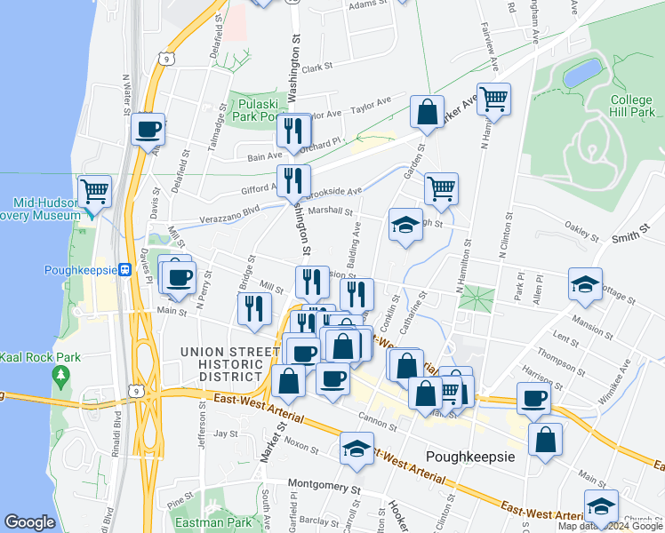 map of restaurants, bars, coffee shops, grocery stores, and more near 55 Mansion Street in Poughkeepsie