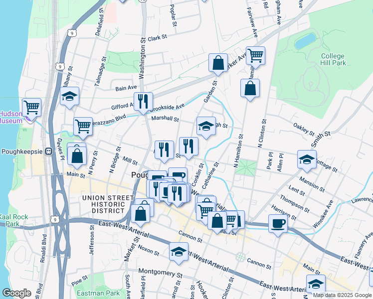 map of restaurants, bars, coffee shops, grocery stores, and more near 86 Garden Street in Poughkeepsie